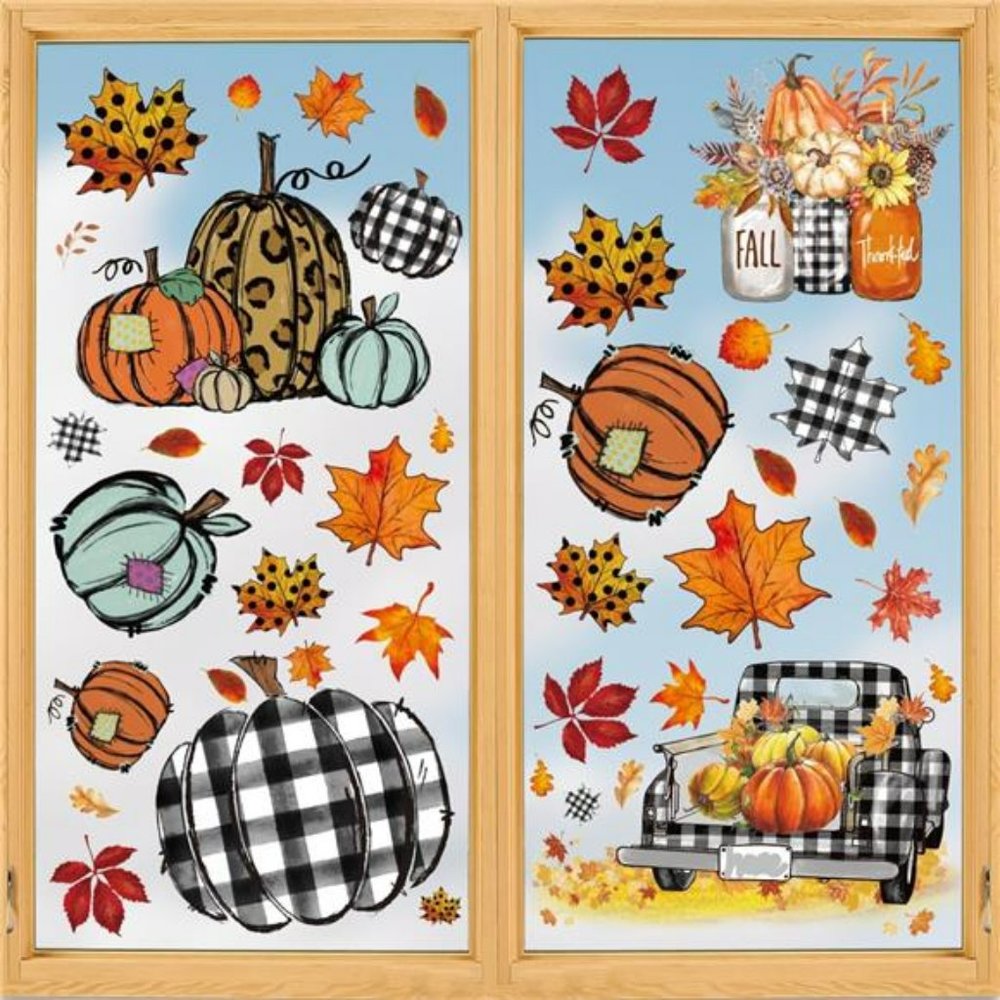 108 PCS Fall Window Cling Sticker, Thanksgiving Autumn Harvest Pumpkin Truck